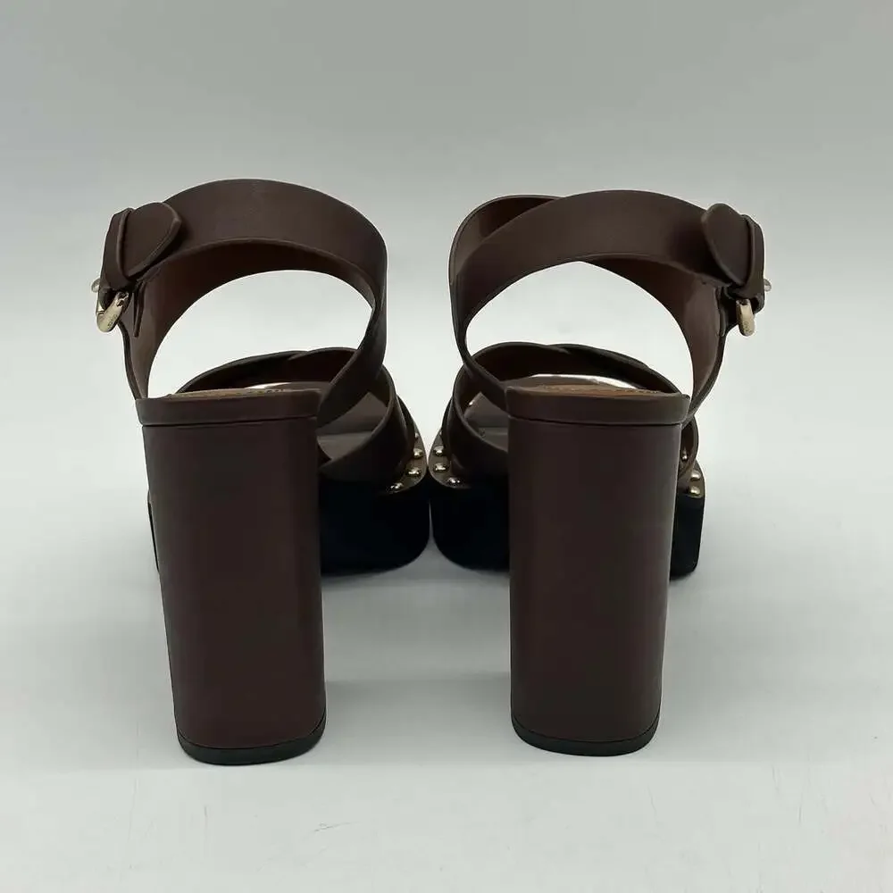COACH Callie Platform Saddle Brown Leather Strappy Heels Sandals Women's Size 8B